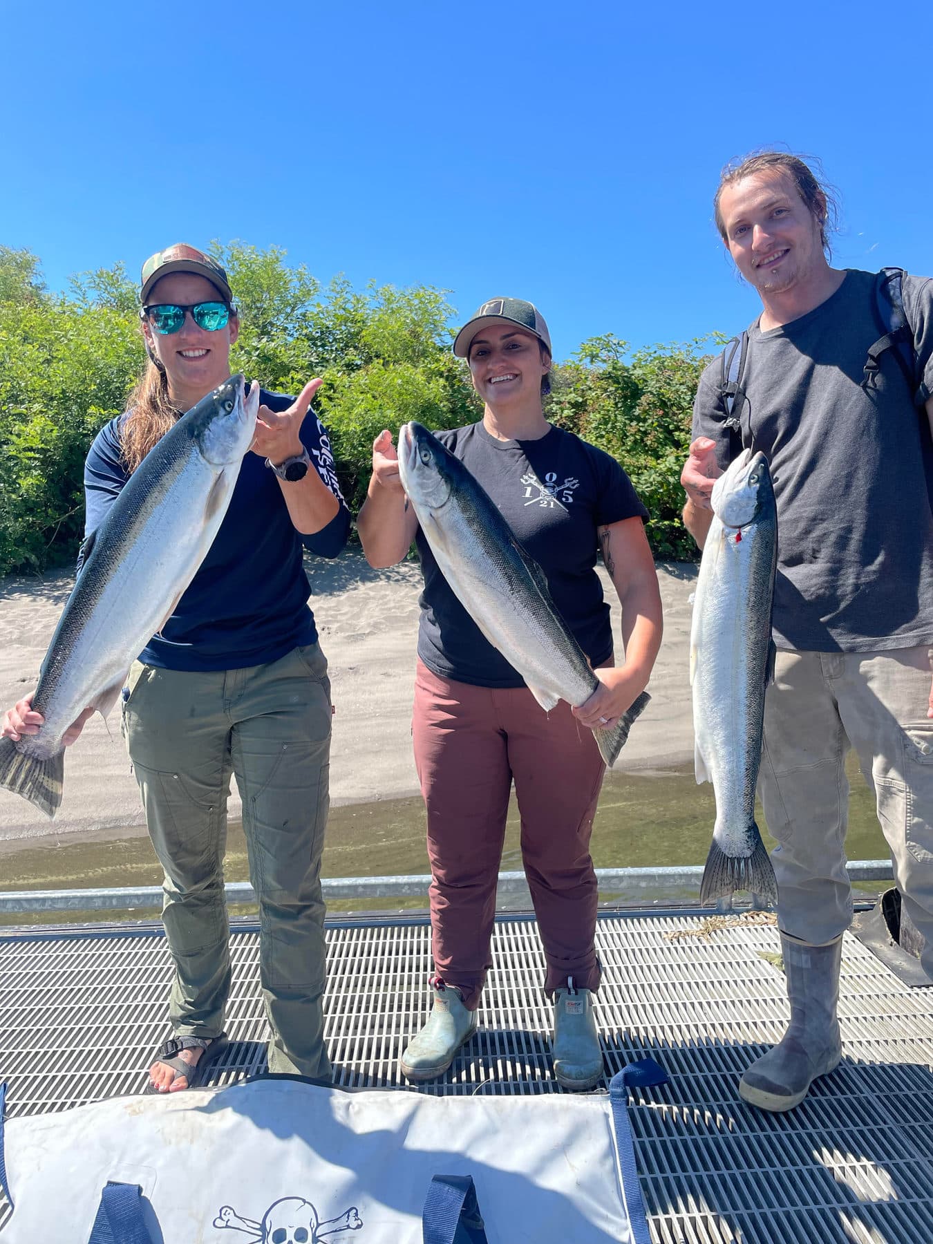 Three anglers holding salmon on a bright afternoon
